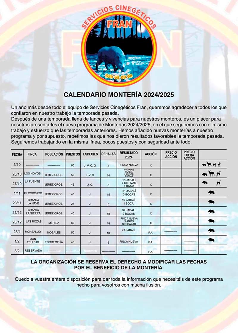Programa de Monterias SERVICIOS CINEGETICOS FRAN 2023 2024